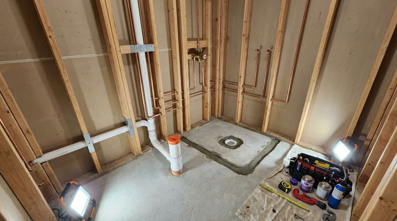 Bathroom rough-in plumbing during remodel by Johns Plumbing LLC in Riverbank