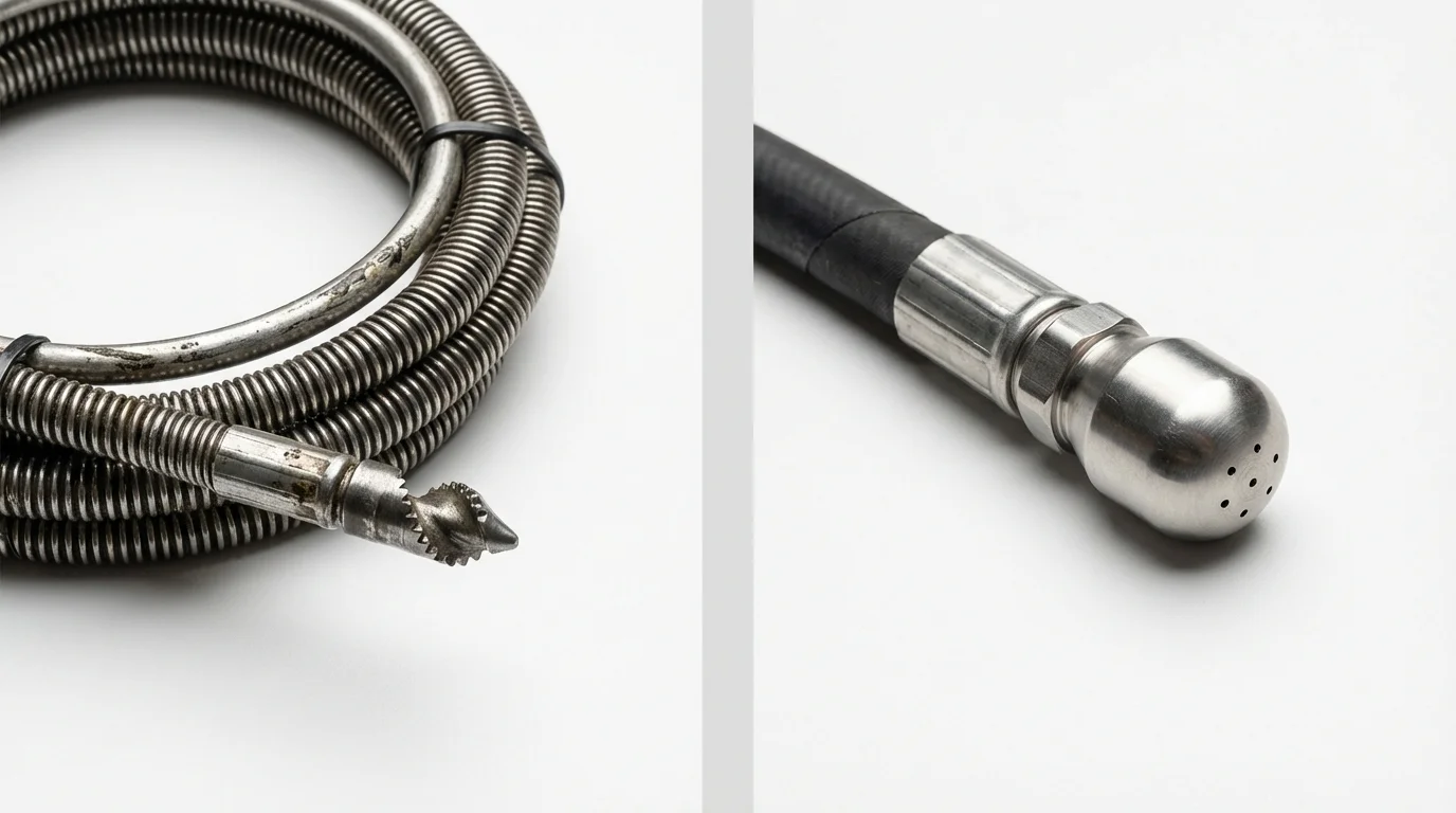 Drain snake cable and hydro jetting nozzle used for drain cleaning in Riverbank, CA