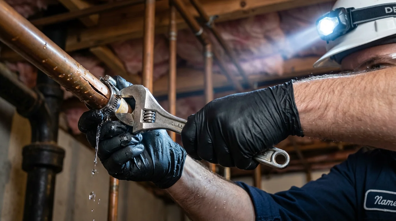 Emergency pipe clamp repair being performed by a Johns Plumbing LLC plumber in Riverbank
