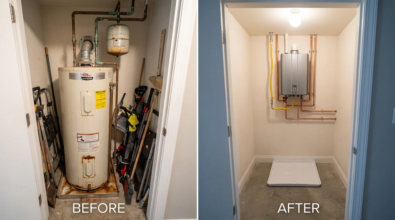 Tank water heater versus wall-mounted tankless unit comparison for Riverbank, CA homeowners