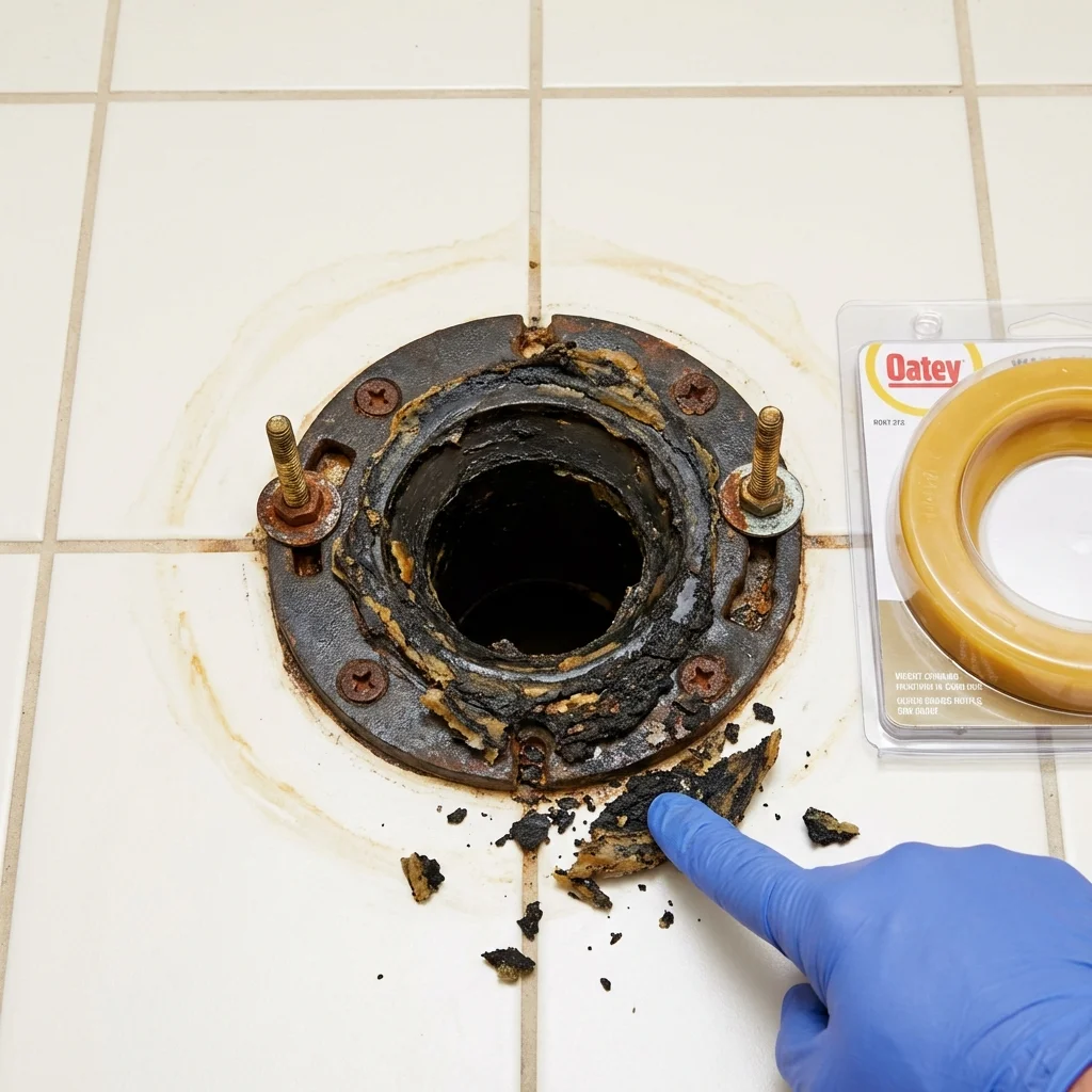 Failed wax ring showing water seepage at the base of a toilet in a Riverbank, CA home