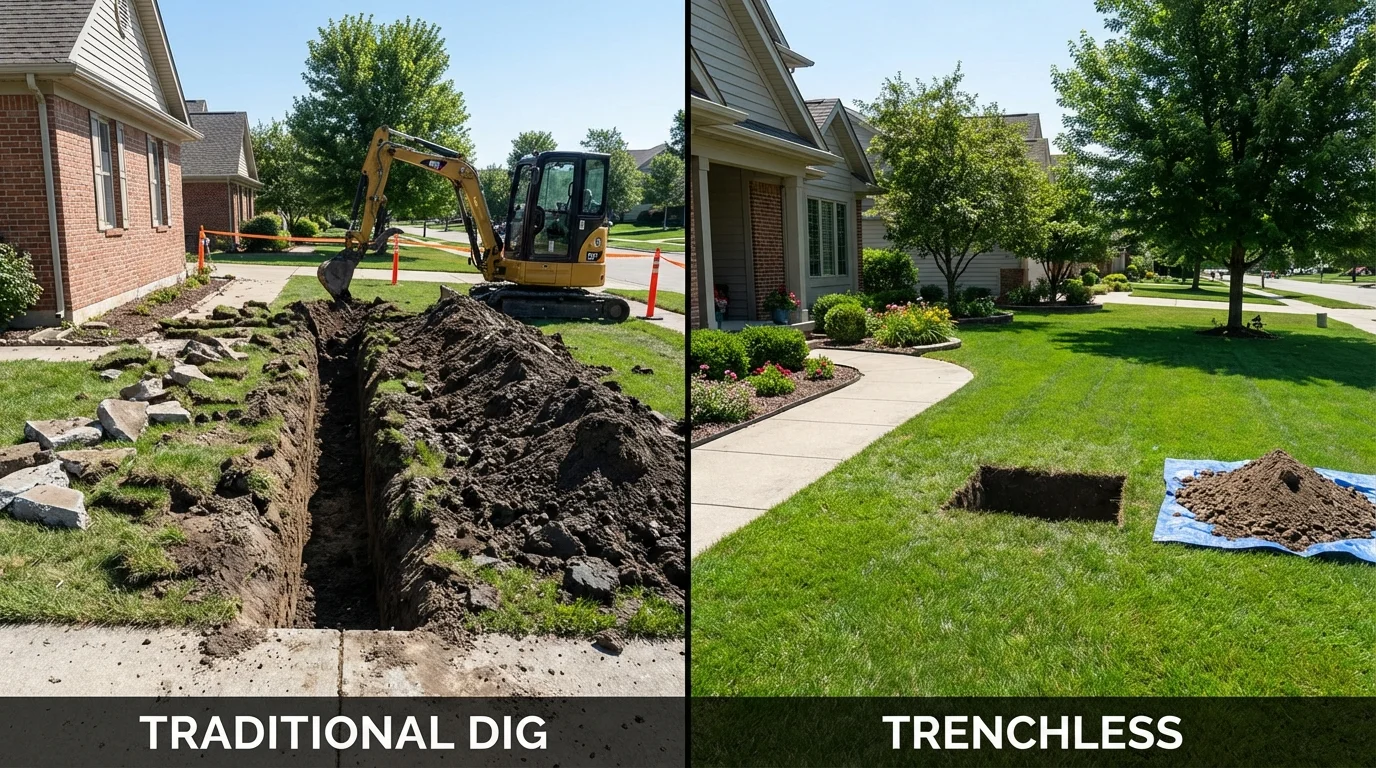 Trenchless sewer repair with minimal yard damage versus traditional excavation in Riverbank, CA