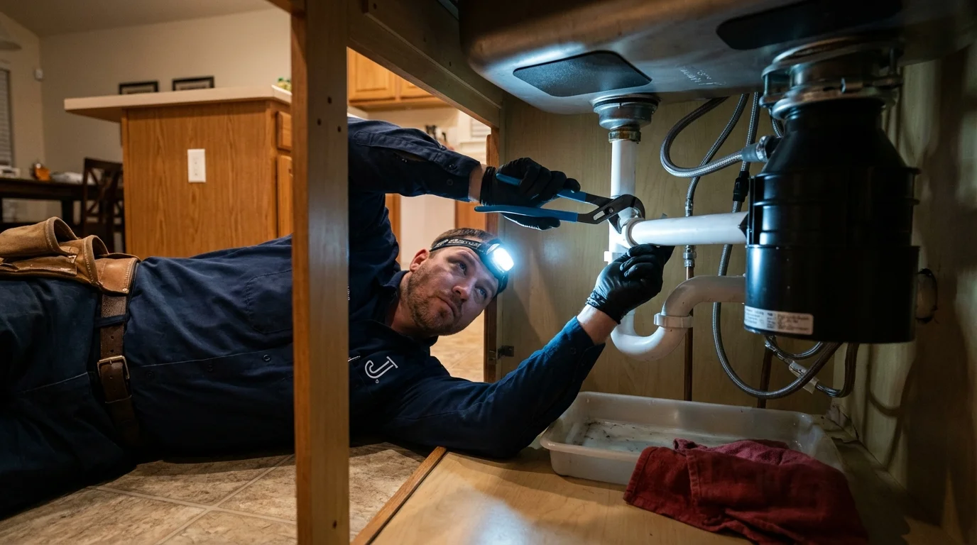P-trap and supply line connections under a kitchen sink showing a common leak point in Riverbank, CA